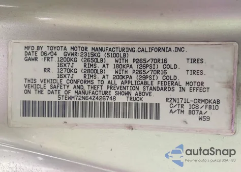 2004 Toyota Tacoma from USA, damaged, VIN 5TEWM72N64Z426748